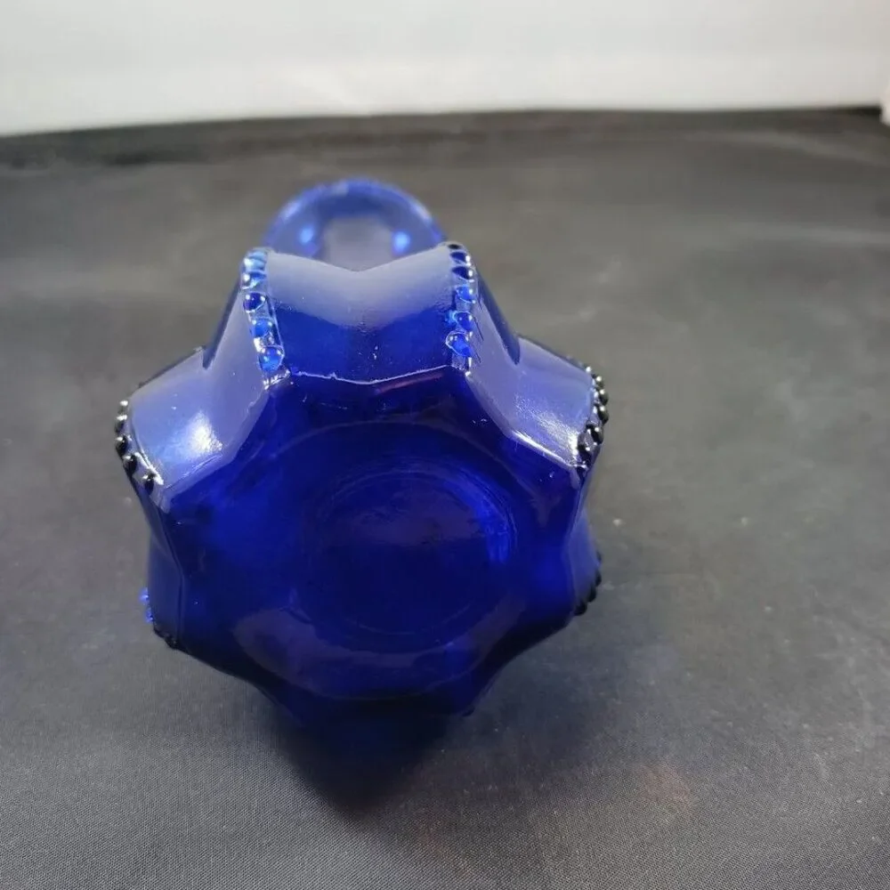 Vintage Indiana Glass Vase Beaded Edge Zipper 8 Sided Cobalt Blue 4 7/8